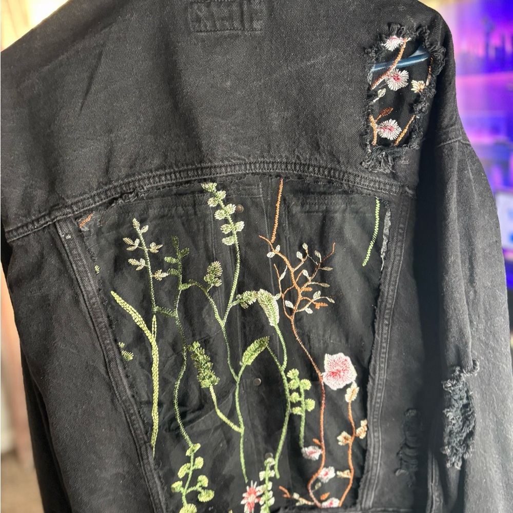 Forever 21 Black Embroidered Jean Jacket